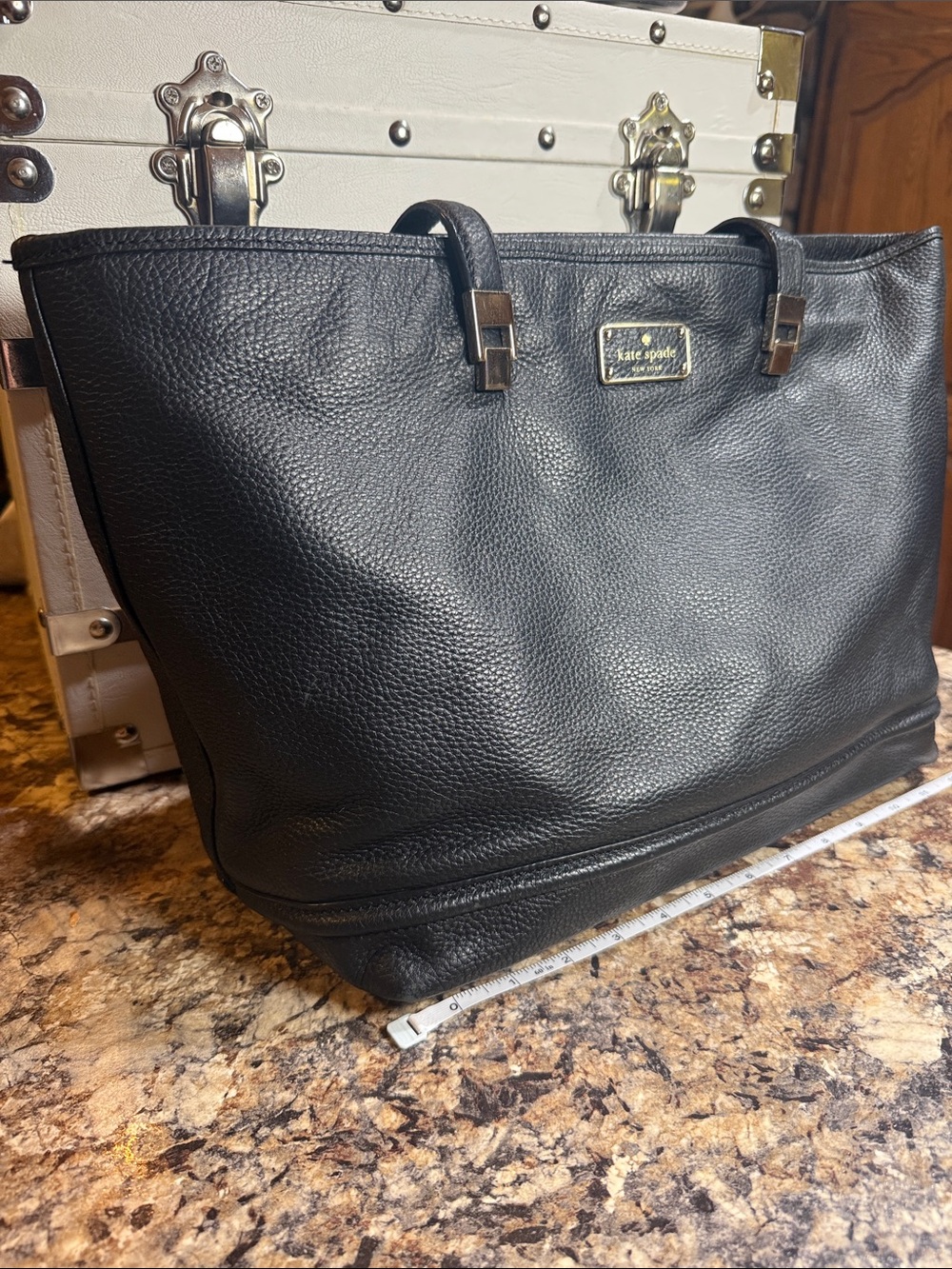 kate spade Black Pebbled Leather Tote with Gold Plaque